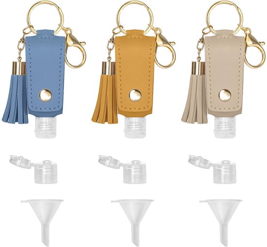 Dailygoods- Reisfles 3 stuks 30 ml - Draagbare fles - Hervulbare fles - Sleutelhanger - PU leren hoes - Inclusief trechters - Flesje
