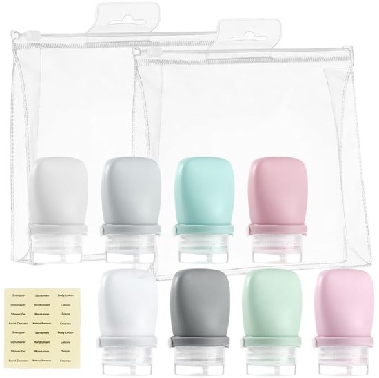 Dailygoods- Reisflessen Set - 8 x Siliconen - Lekvrij - Mini Reisformaat - Vloeistoffen - Inclusief Etiketten - 30ml per Fles - Toilettas