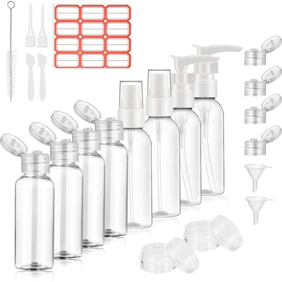 Dailygoods- Reisflessenset 21-delig - Navulbare 100ml Flessen - Trechter - Perfect voor Zakenreizen - Vliegreizen - Praktisch Ontwerp - Reistubes