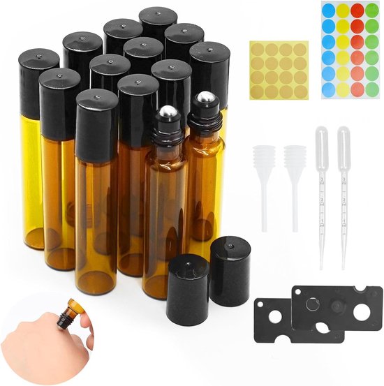 Dailygoods- Roll-on Flessen 14 Stuks - 10 ml Bruine Glazen Flessen - Roestvrij Stalen Roller - Navulbare Lege Flessen - Voor Etherische Oliën/Lotions/Parfums - Etherische Olie Flessen