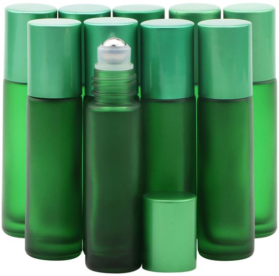 Dailygoods- Rollerfles 10 ml - Groene Glazen Fles - Lekvrij - Set van 10 - Roestvrijstalen Ballen - Compact en Draagbaar - Olieflessen