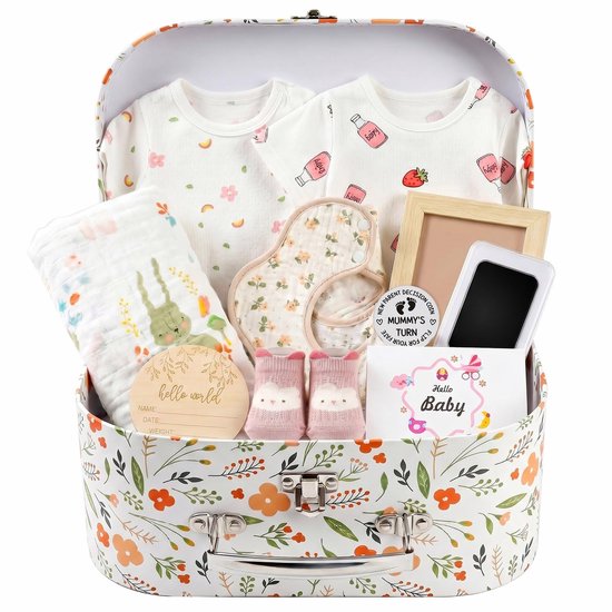 Dailygoods- Rompertje Bloemen/Aardbeien - Baby Cadeauset - Herinneringskaart - Slabbetje - Fotolijst - Opbergkoffer 25,5x18,5x10 cm - Babyset