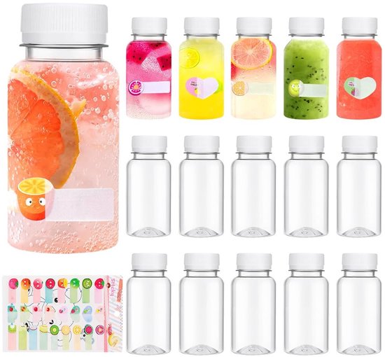 Dailygoods- Sapflessen 15 Stuks - 100 ml - Herbruikbaar PET - Plastic met Deksel - Mini Flessen met Stickers - Veilig en Duurzaam - Drankflessen