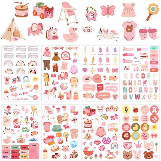 Dailygoods- Scrapbook Stickers 8 Vellen - Baby Meisje Stickers - Multicolor - Waterdicht - Duurzaam - Voor Baby Groeiboek