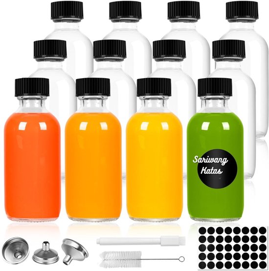 Dailygoods - Set van 12 Mini Glazen Bottles 60ml - Met Deksels voor Essentiële Olie en Shots