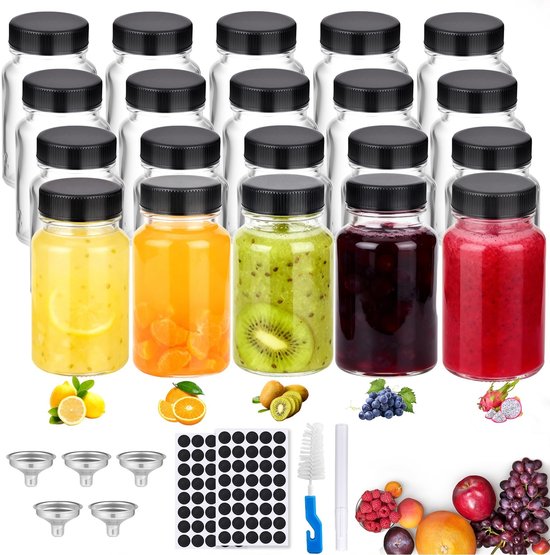 Dailygoods- Shotfles 60 ml - 20 Stuks - Glazen Flessen met Deksel - Herbruikbare Mini Gembershot - Antislip Bodem - Inclusief Stickers - Glazen Pot