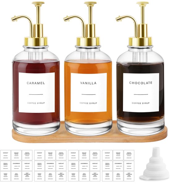 Dailygoods- Siroopdispenser set van 3 - Glazen siroopfles 500 ml - Gouden pomp - Siliconen trechter - Waterdichte etiketten - Keukenaccessoires van voedselkwaliteit
