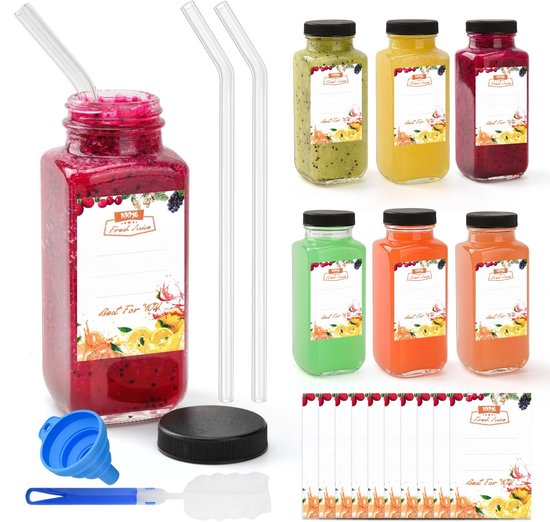 Dailygoods- Smoothieflessen 250 ml - Glazen Flessen - Shotflessen - Drinkflessen - Mini Glazen - Inclusief Rietjes en Trechter - Sapflessen
