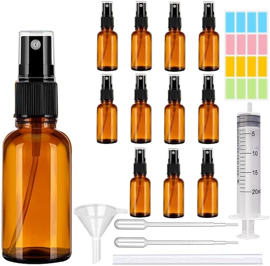 Dailygoods- Spuitfles 12 stuks - Bruin Glazen Spuitflessen 30 ml - Navulbaar met Trechter - Druppelpipetten - UV-bescherming en Accessoires - Verstuiver