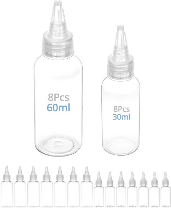 Dailygoods- Squeeze Fles - Set van 16 - 8x 30ml/8x 60ml - Duurzaam PET - Transparant - Gemakkelijk te vullen en doseren - Dispenserfles