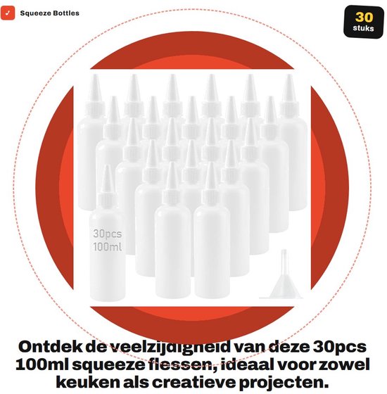 Dailygoods- Squeeze Flessen 30pcs - 100ml Plastic Flessen - Druppelflesje met Nozzle - Lege Flessen voor Sauzen - Antislip Deksel - Precisie Volume Controle - Druppelfles