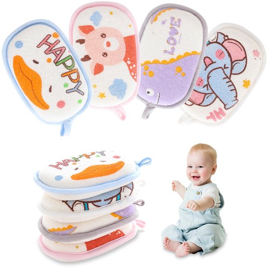 Dailygoods- Washandjes 4 Stuks - Badspons met Cartoon Design - Douchespons - Sterke Wateropname - Eenvoudige Opslag - Geschikt voor Baby's en Kinderen