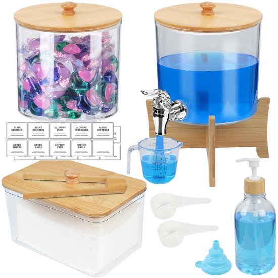 Dailygoods- Wasmiddelbox 12 Stuks - 2400 ml Dispenser - 2100 ml Waspods Houder - 1800 ml Container - 800 ml Fles - Bamboedeksels - Wasmiddelhouder