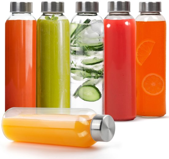 Dailygoody - Herbruikbare Glazen Waterflessen - Glazen Sapflessen - Lekvrije Containers - 500 ml - Roestvrijstalen Doppen - Geschikt voor Dranken - 6
