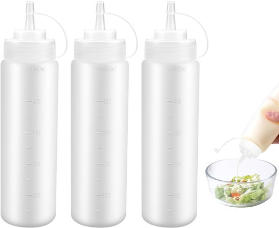 Dailygoody - Plastic Knijpfles - Sausfles Dispenser - Lekvrij en BPA-vrij - 500ml - Transparante Flessen - Voor Sauzen en Specerijen - Set van 3
