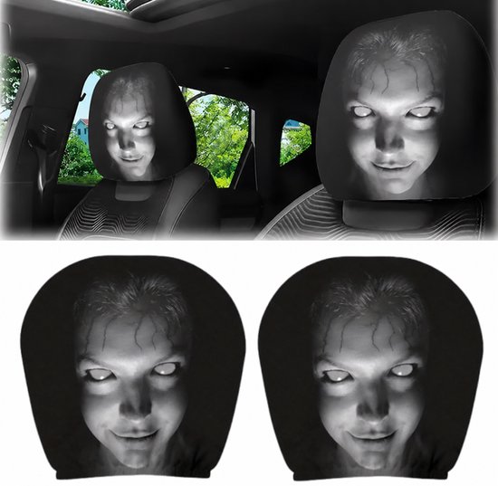 Daity 1 paar - Geestgezicht hoofdsteunhoezen | 2026 nieuwe griezelige enge hoofdsteunhoezen voor auto's | Grappig wasbaar ademend gezicht auto hoofdsteun hoes beschermer voor Halloween