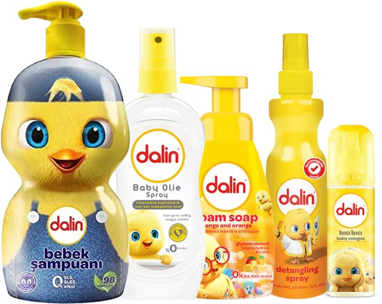 Dalin Baby Verzorgingspakket 5 delig met Shampoo, Ontklitspray, Olie, Cologne en Schuimzeep Zachte verzorging van top tot teen van Dalin