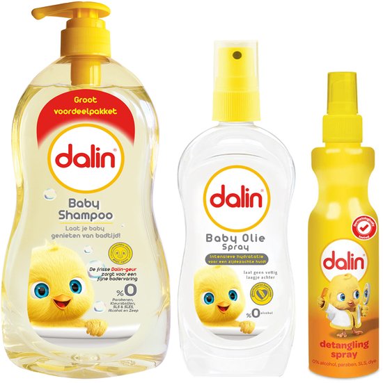 Dalin Babyverzorgingsset met Shampoo 900ml, Ontklitspray 200ml en Babyolie Spray 200ml – Hypoallergeen en Mild voor de Gevoelige Huid van Dalin
