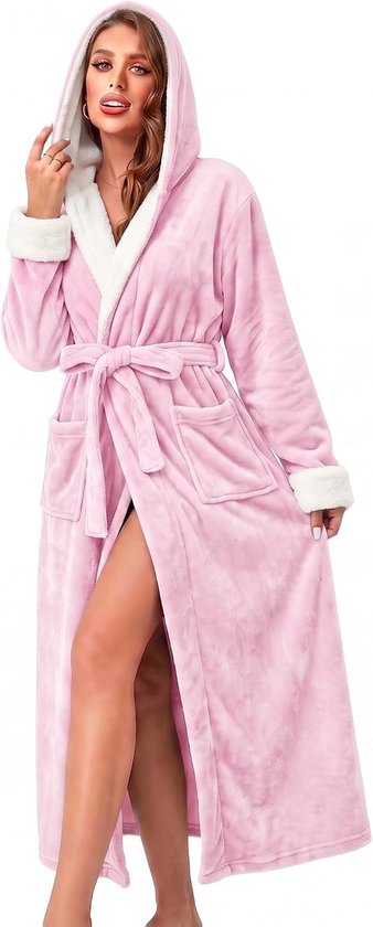 Dames Fleece Badjas met Capuchon en Witte Boorden - Lange Zachte Slobkous - Knus Winter Huispak