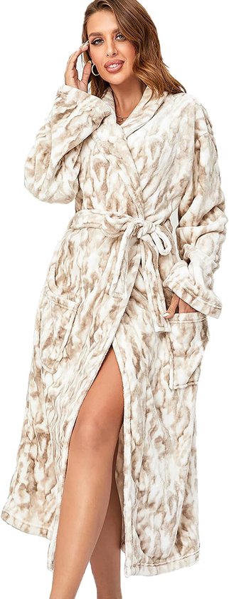 Dames Fleece Badjas met Shawl Kraag - Lange Warme Slobkous - Zachte Woonjurk met Zakken