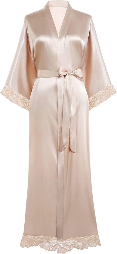 Dames ochtendjas, lang en kort model, effen badjas met kanten mouwen, van zijde satijn, kimono kleed, dames zomerjas, effen kleur, slaapjas, champagne, onesize grote maten