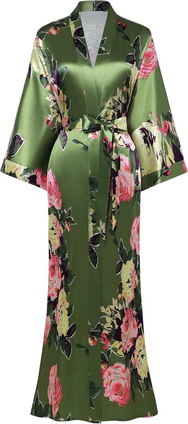Dames ochtendjas maxi lang satijn zomer kimono bloemen patroon bedrukte badjas kimono gebreide jas dames lange robe bloemen pyjama party, groen, One size