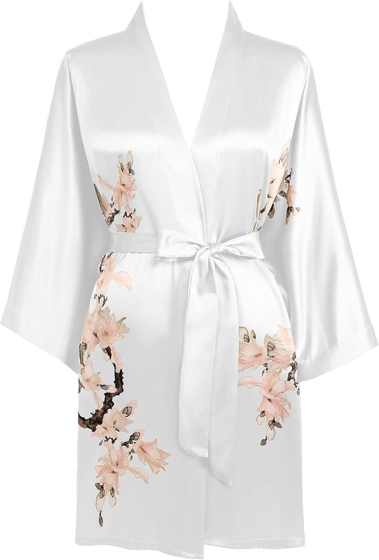 Dames ochtendjas met bloemenprint, zomer, badjas, kimono, korte robe, lichte slaapjas, satijnen strandjurk