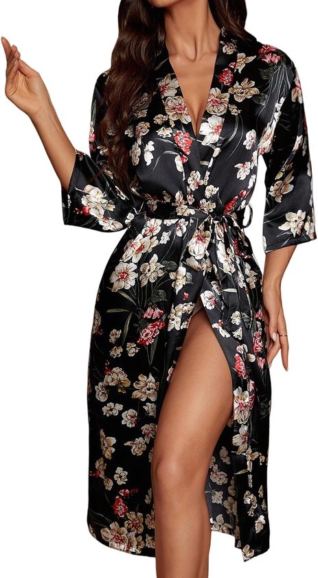 Dames ochtendjas nachthemd sexy lingerie zijden badjas negligé V-hals lange robe kimono loungewear