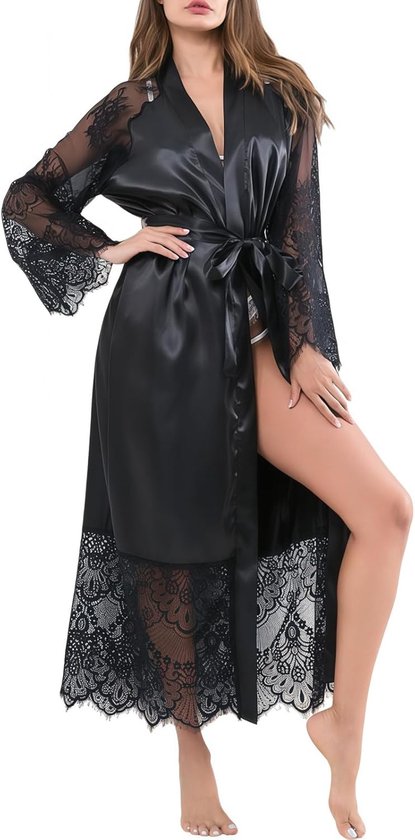 Dames satijnen kamerjassen lange kanten randen dames kimono ochtendjurken met satijnen riem G-string lange mouwen zijden trouwjurk nachtkleding
