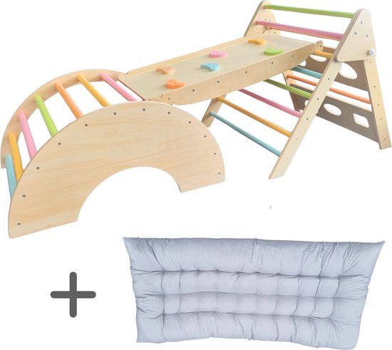 Dastium Kids Klimrek - Montessori Speelgoed - XXL Houten Klimrek Speelgoed - Klimboog met Kussen - Inklapbare Klimdriehoek - Klimboog met Glijbaan - Pastelkleuren van Merkloos