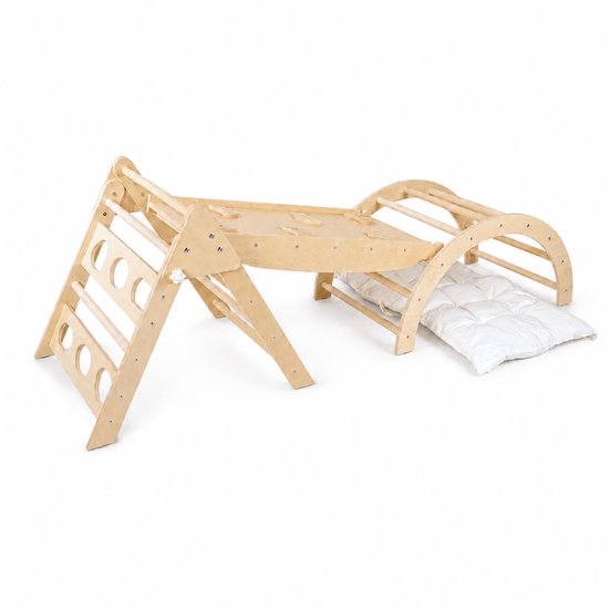 Dastium Kids - Mini Klimrek - Montessori Speelgoed - Houten Klimrek - Klimboog met Kussen - Klimrek Baby - Klimrek Peuter - Klimrek met Glijbaan - Naturel