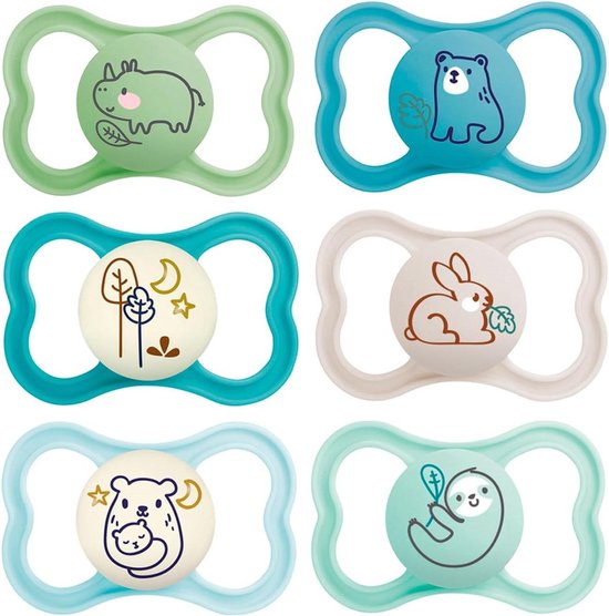 Day & Night l Skin Soft siliconen fopspeen 16+ - MAM Air Night set van 6 - incl. transportboxen van DAY