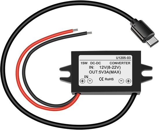 DC 12V naar 5V 3A USB C Step Down Converter - Waterdichte Buck Module voor Raspberry Pi 4 en Mobiele Apparaten, 25W Type-C Voedingsadapter