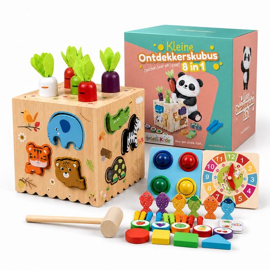 De Kleine Ontdekkerskubus - 8 in 1 Houten Montessori Sorteerspel met Vormen, Dieren, Kleuren en Klok - Intellikids