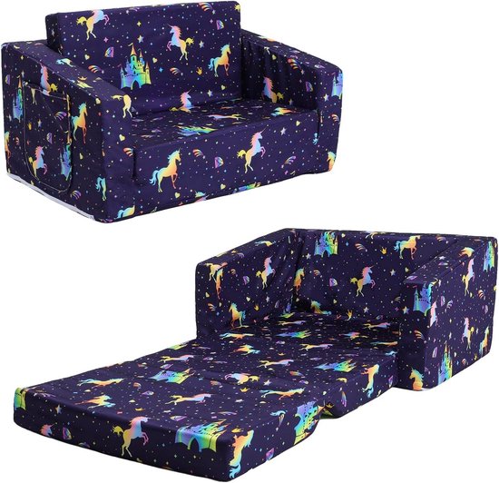 Decalsweet Foldable Children's Sofa Chair, 2-in-1 Flip Open Toddler Bench with Pocket, Children's Sofa for Bedroom Children's Room, Gift for Kids, Iridescent Unicorn van Merkloos