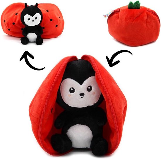 Déglingos Les FLIPETZ Knuffel Comet la Lieveheersbeestje/Tomaat - Omkeerbaar lieveheersbeestje verstoppertje - Zacht pluche dier voor baby's - Cadeau-ideeën voor de geboorte, rood en zwart