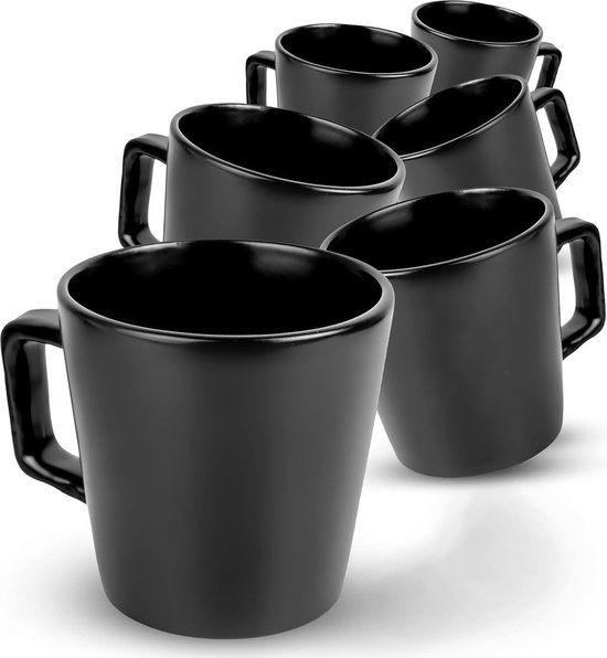 Deleca Koffiekopjes Set van 6 - Koffiemokken met Oor - Koffie Kopjes / Mok - Massief Aardewerk / Keramiek - Kerst 2025 - Mat Zwart / 360 ml
