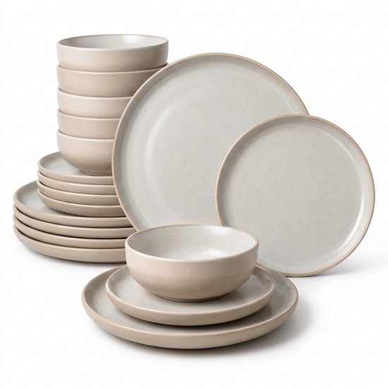 Deleca Serviesset 6 Personen Serra - 18-delig - Aardewerk - Grote en Kleine Borden met Schaaltjes - Keramiek Bordenset & Soepkommen - Japandi Stijl - Soft Beige