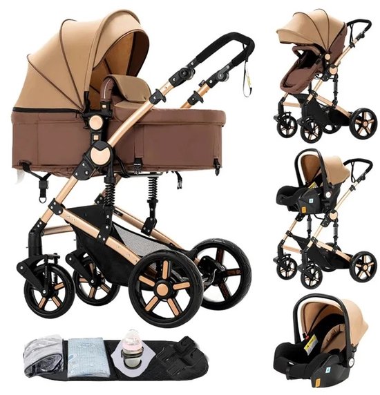 Deliqa 3 in 1 kinderwagen - khaki - buggy - wandelwagen - eenvoudig inklapbare kinderwagen - compact opvouwbaar - inclusief reiswieg / autostoel , buggy , ligbak , voetenzak, regenhoes , klamboe - verstelbare handvat van Merkloos