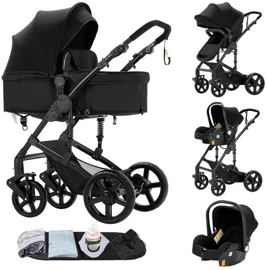 Deliqa 3 in 1 kinderwagen - zwart- buggy - wandelwagen - eenvoudig inklapbare kinderwagen - compact opvouwbaar - inclusief reiswieg / autostoel , buggy , ligbak , voetenzak, regenhoes , klamboe - verstelbare handvat - vering