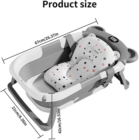 Deliqa baby bad - grijs - opvouwbare babybad - ingebouwde digitale thermometer - inklapbaar baby badje - met ligkussen - complete set - anti slip poten