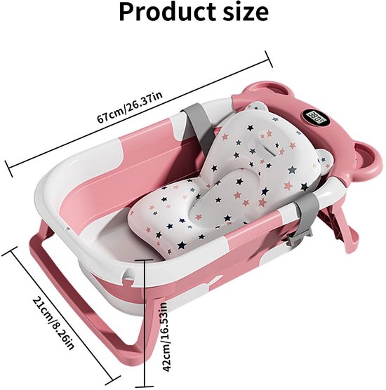 Deliqa baby bad - roze - opvouwbare babybad - ingebouwde digitale thermometer - inklapbaar baby badje - met ligkussen - complete set