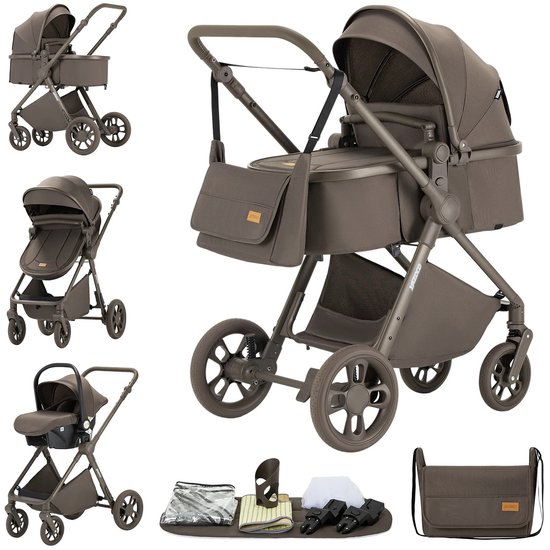 Deluxe 3-in-1 Kinderwagen met Autostoel en Reiswieg – Luxe Combikinderwagen – Vanaf Geboorte – Verstelbare Rugleuning – Inclusief Accessoires – Nieuw Model – Kleur Chocolade Bruin