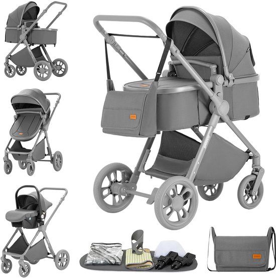 Deluxe 3-in-1 Kinderwagen met Autostoel en Reiswieg – Luxe Combikinderwagen – Vanaf Geboorte – Verstelbare Rugleuning – Inclusief Accessoires – Nieuw Model – Kleur Grijs