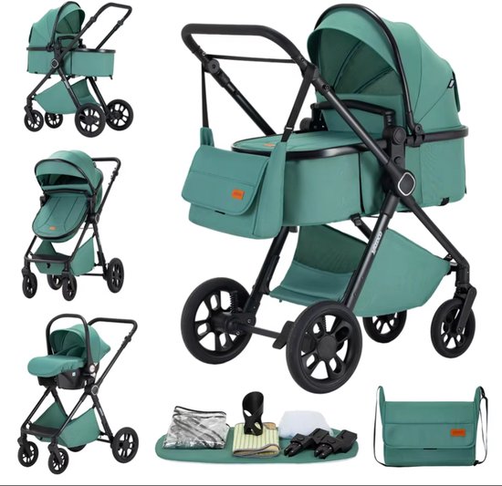 Deluxe 3-in-1 Kinderwagen met Autostoel en Reiswieg – Luxe Combikinderwagen – Vanaf Geboorte – Verstelbare Rugleuning – Inclusief Accessoires – Nieuw Model – Kleur Groen