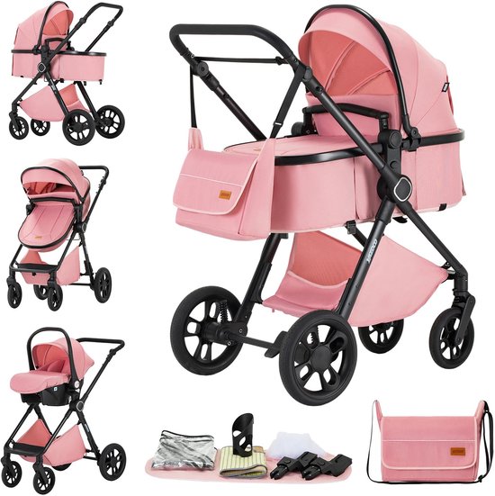 Deluxe 3-in-1 Kinderwagen met Autostoel en Reiswieg – Luxe Combikinderwagen – Vanaf Geboorte – Verstelbare Rugleuning – Inclusief Accessoires – Nieuw Model – Kleur Roze