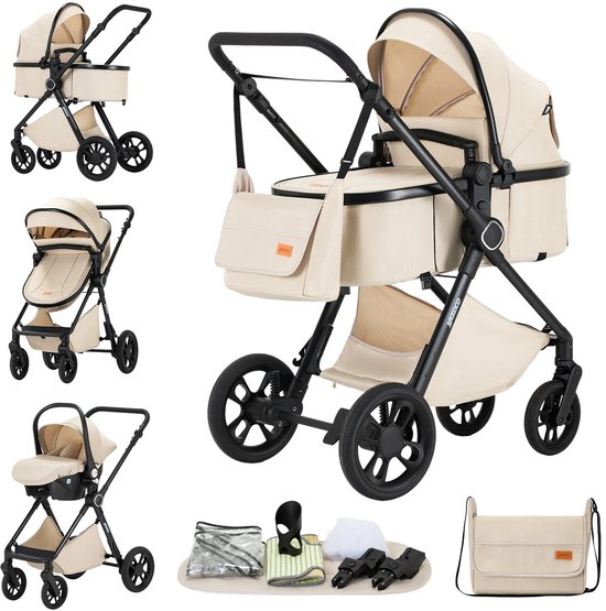Deluxe 3-in-1 Kinderwagen met Autostoel en Reiswieg – Luxe Combikinderwagen – Vanaf Geboorte – Verstelbare Rugleuning – Inclusief Accessoires – Nieuw Model – Kleur Wit