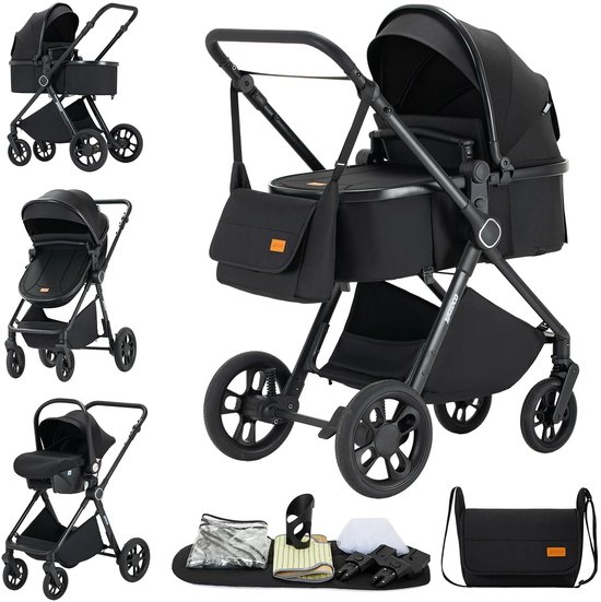 Deluxe 3-in-1 Kinderwagen met Autostoel en Reiswieg – Luxe Combikinderwagen – Vanaf Geboorte – Verstelbare Rugleuning – Inclusief Accessoires – Nieuw Model – Kleur Zwart