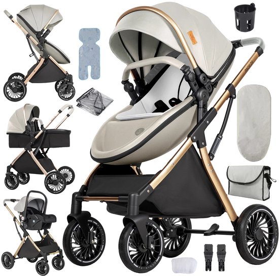 Deluxe 3-in-1 Kinderwagen – Volledig Reissysteem met Wieg & Autostoel – Veilig en Comfortabel - Beige van Merkloos