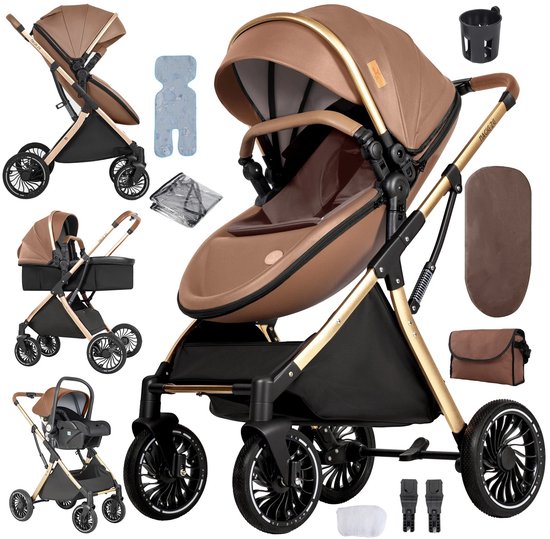 Deluxe 3-in-1 Kinderwagen – Volledig Reissysteem met Wieg & Autostoel – Veilig en Comfortabel - Bruin van Merkloos